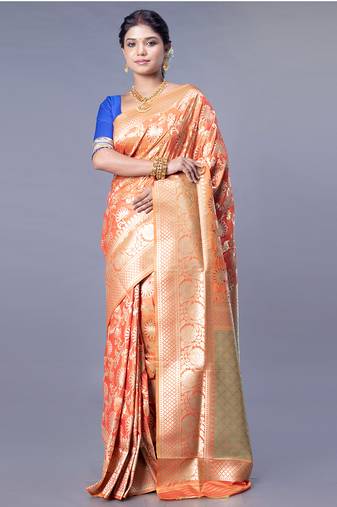 kanjivaram in tangerine orange color with zari floral jaal