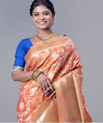 kanjivaram in tangerine orange color with zari floral jaal 2