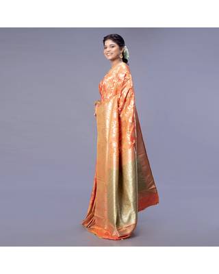 kanjivaram in tangerine orange color with zari floral jaal 3