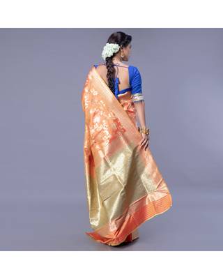 kanjivaram in tangerine orange color with zari floral jaal 4