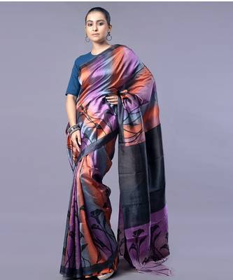 purple  silk blend blend saree with block print motifs and black border 1