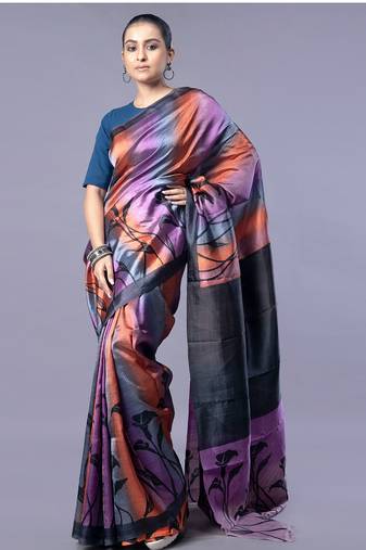 purple pure silk blend saree with block print motifs and black border