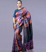 purple pure silk blend saree with block print motifs and black border