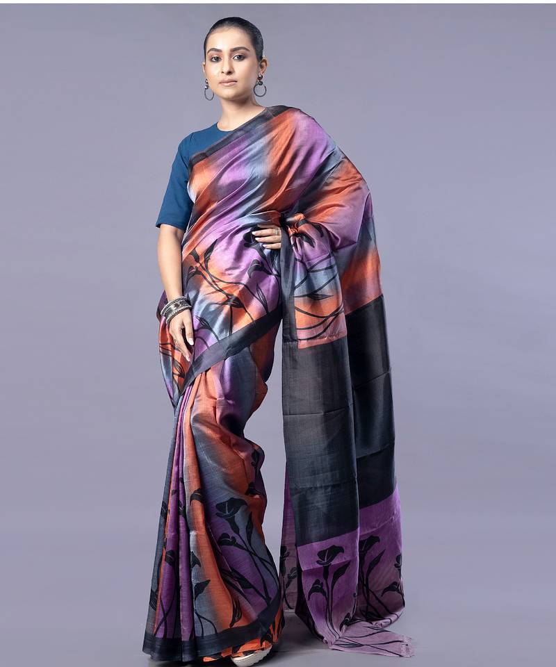 purple pure silk blend saree with block print motifs and black border