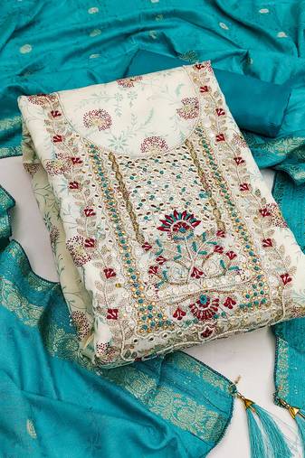 Off white color weaving heavy modal chanderi straight churidar dress material