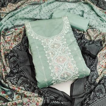 Sea green color sequence heavy roman silk straight churidar dress material 1