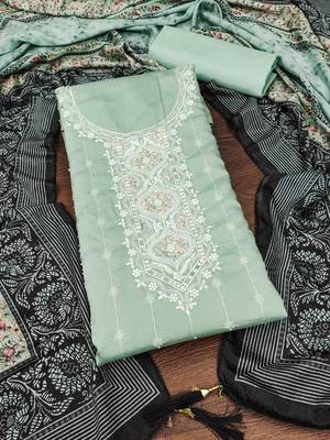 Sea green color sequence heavy roman silk straight churidar dress material 3