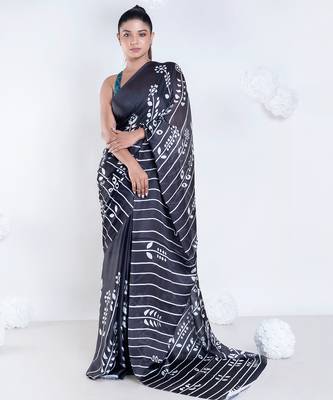 Parallel satin georgette digital printed saree in black color 1