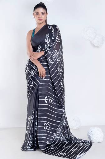 Parallel satin georgette digital printed saree in black color