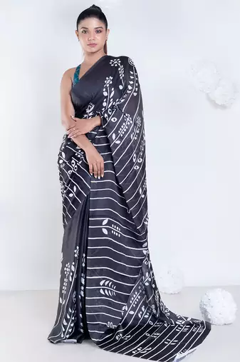 Parallel satin georgette digital printed saree in black color