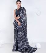 Parallel satin georgette digital printed saree in black color