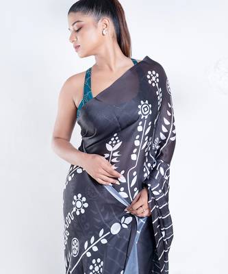 Parallel satin georgette digital printed saree in black color 2