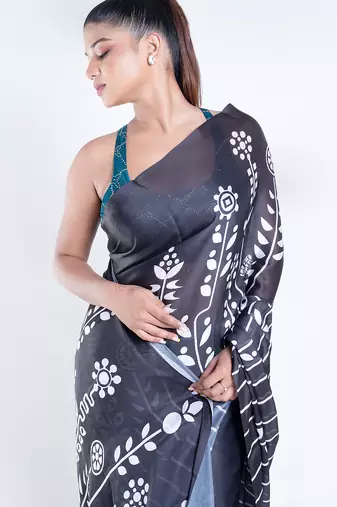 Parallel satin georgette digital printed saree in black color