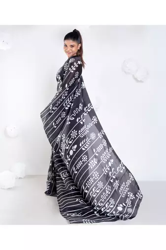 Parallel satin georgette digital printed saree in black color