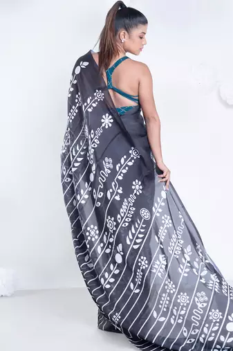 Parallel satin georgette digital printed saree in black color