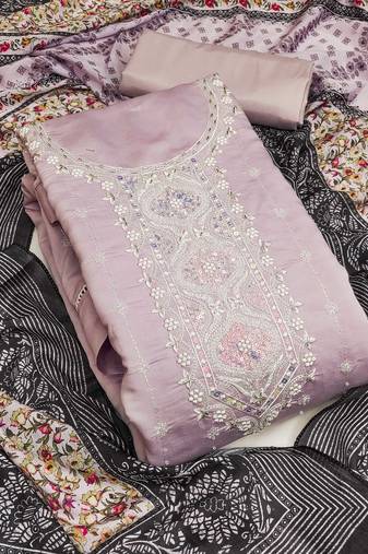 Lavender color sequence heavy roman silk straight churidar dress material