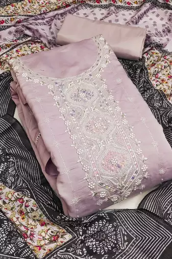 Lavender color sequence heavy roman silk straight churidar dress material