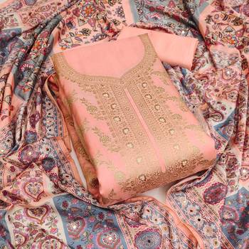 Peach color weaving banarasi jacquard straight churidar dress material 1