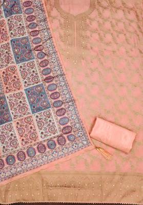 Peach color weaving banarasi jacquard straight churidar dress material 2