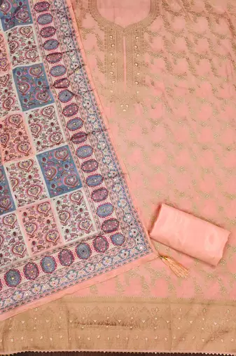 Peach color weaving banarasi jacquard straight churidar dress material