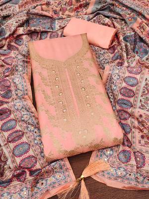 Peach color weaving banarasi jacquard straight churidar dress material 3
