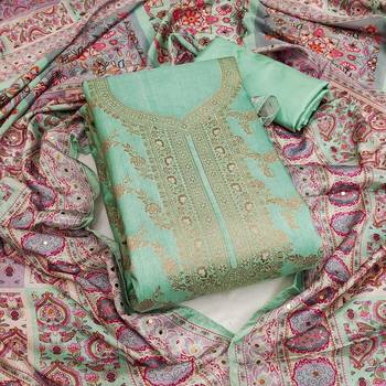 Sea green color weaving banarasi jacquard straight churidar dress material 1