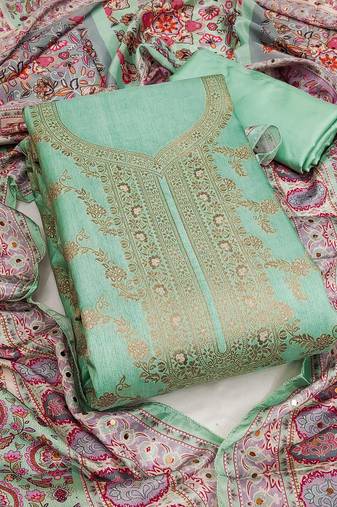 Sea green color weaving banarasi jacquard straight churidar dress material