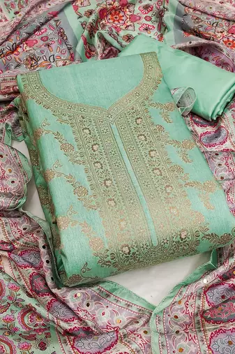 Sea green color weaving banarasi jacquard straight churidar dress material