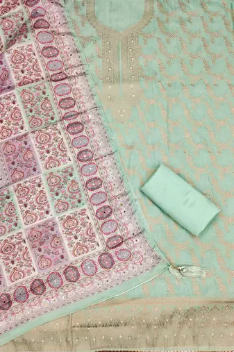Sea green color weaving banarasi jacquard straight churidar dress material