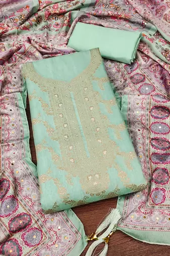 Sea green color weaving banarasi jacquard straight churidar dress material