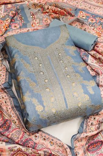 Grey color weaving banarasi jacquard straight churidar dress material