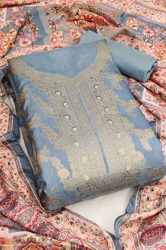 Grey color weaving banarasi jacquard straight churidar dress material