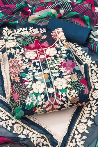 Teal blue color embroidered heavy organza straight churidar dress material