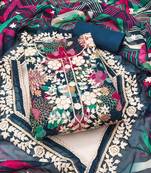 Teal blue color embroidered heavy organza straight churidar dress material