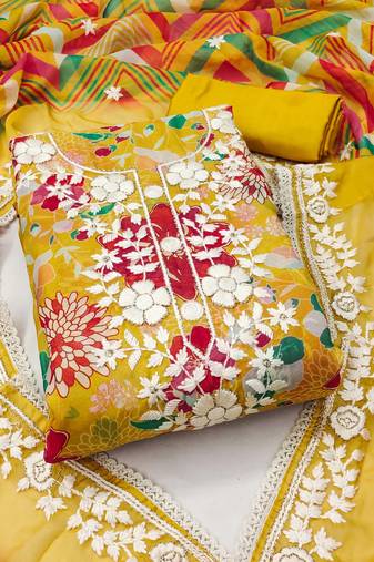 Yellow color embroidered heavy organza straight churidar dress material