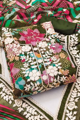 Olive green color embroidered heavy organza straight churidar dress material