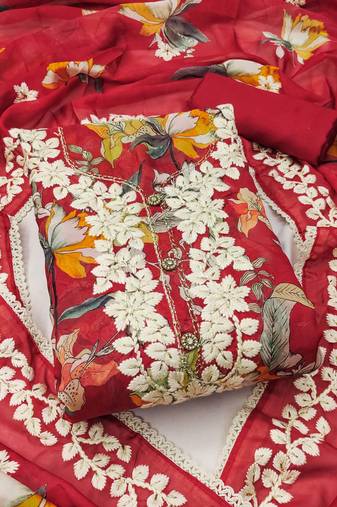 Red color embroidered heavy organza straight churidar dress material