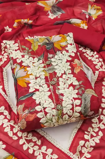 Red color embroidered heavy organza straight churidar dress material