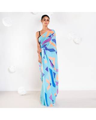 Carol georgette digital printed saree in blue color 1