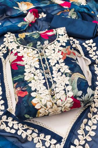 Navy blue color embroidered heavy organza straight churidar dress material