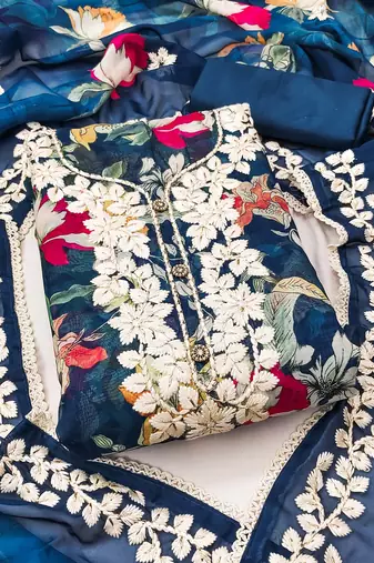 Navy blue color embroidered heavy organza straight churidar dress material