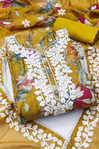 Mustered color embroidered heavy organza straight churidar dress material