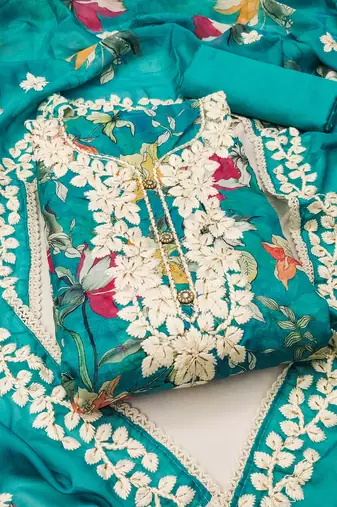 Sky blue color embroidered heavy organza straight churidar dress material