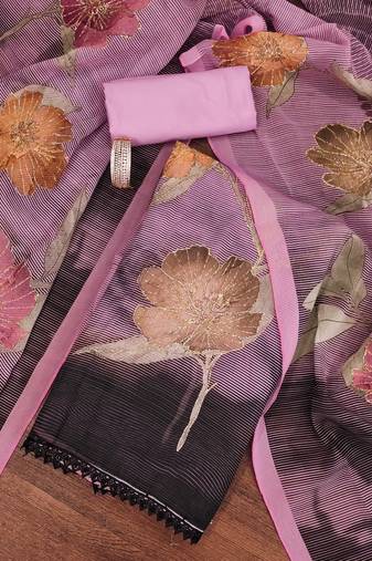 Pink color printed heavy organza straight churidar dress material