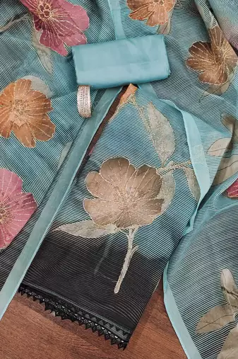 Teal color printed heavy organza straight churidar dress material