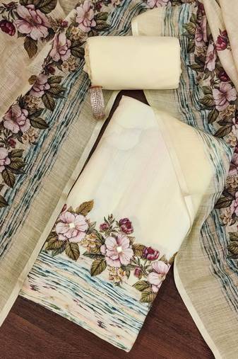 Off white color printed lilan cotton straight churidar dress material