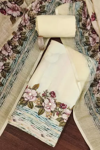 Off white color printed lilan cotton straight churidar dress material