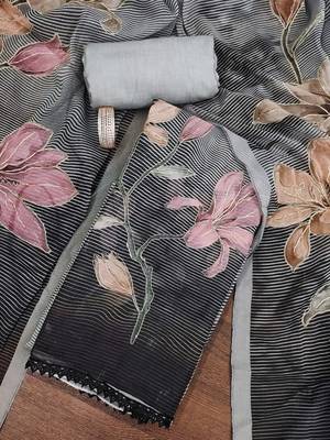 Grey color printed heavy organza straight churidar dress material 1