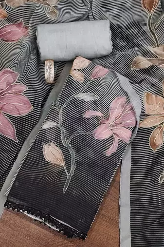 Grey color printed heavy organza straight churidar dress material