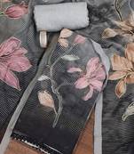 Grey color printed heavy organza straight churidar dress material